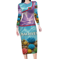 Maldives Coral Reef Ocean Print Long Sleeve Bodycon Dress with Underwater Pastel Blue and Purple Design