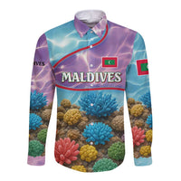 Maldives Coral Reef Ocean Print Long Sleeve Button Shirt with Underwater Pastel Blue and Purple Design
