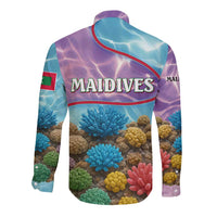 Maldives Coral Reef Ocean Print Long Sleeve Button Shirt with Underwater Pastel Blue and Purple Design
