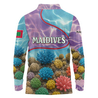 Maldives Coral Reef Ocean Print Long Sleeve Polo Shirt with Underwater Pastel Blue and Purple Design