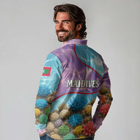 Maldives Coral Reef Ocean Print Long Sleeve Polo Shirt with Underwater Pastel Blue and Purple Design