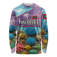 Maldives Coral Reef Ocean Print Long Sleeve Shirt with Underwater Pastel Blue and Purple Design