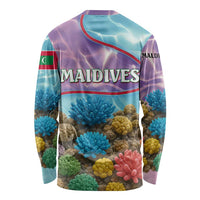 Maldives Coral Reef Ocean Print Long Sleeve Shirt with Underwater Pastel Blue and Purple Design