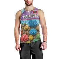 Maldives Coral Reef Ocean Print Men Tank Top with Underwater Pastel Blue and Purple Design