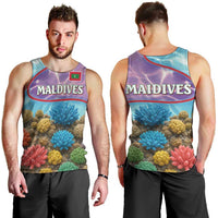 Maldives Coral Reef Ocean Print Men Tank Top with Underwater Pastel Blue and Purple Design
