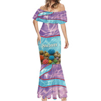 Maldives Coral Reef Ocean Print Mermaid Dress with Underwater Pastel Blue and Purple Design