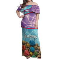 Maldives Coral Reef Ocean Print Off Shoulder Maxi Dress with Underwater Pastel Blue and Purple Design