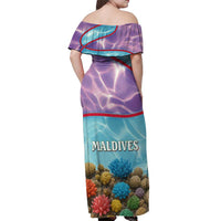 Maldives Coral Reef Ocean Print Off Shoulder Maxi Dress with Underwater Pastel Blue and Purple Design
