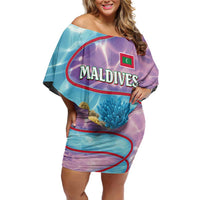 Maldives Coral Reef Ocean Print Off Shoulder Short Dress with Underwater Pastel Blue and Purple Design