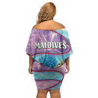 Maldives Coral Reef Ocean Print Off Shoulder Short Dress with Underwater Pastel Blue and Purple Design