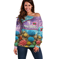 Maldives Coral Reef Ocean Print Off Shoulder Sweater with Underwater Pastel Blue and Purple Design