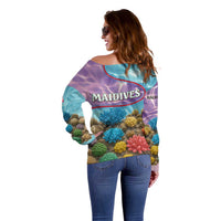 Maldives Coral Reef Ocean Print Off Shoulder Sweater with Underwater Pastel Blue and Purple Design