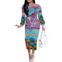 Maldives Coral Reef Ocean Print Off The Shoulder Long Sleeve Dress with Underwater Pastel Blue and Purple Design