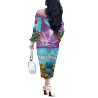 Maldives Coral Reef Ocean Print Off The Shoulder Long Sleeve Dress with Underwater Pastel Blue and Purple Design