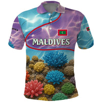 Maldives Coral Reef Ocean Print Polo Shirt with Underwater Pastel Blue and Purple Design