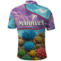 Maldives Coral Reef Ocean Print Polo Shirt with Underwater Pastel Blue and Purple Design