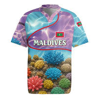 Maldives Coral Reef Ocean Print Rugby Jersey with Underwater Pastel Blue and Purple Design