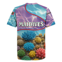 Maldives Coral Reef Ocean Print Rugby Jersey with Underwater Pastel Blue and Purple Design