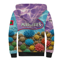 Maldives Coral Reef Ocean Print Sherpa Hoodie with Underwater Pastel Blue and Purple Design
