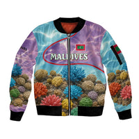 Maldives Coral Reef Ocean Print Sleeve Zip Bomber Jacket with Underwater Pastel Blue and Purple Design