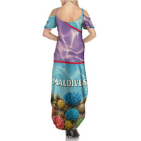 Maldives Coral Reef Ocean Print Summer Maxi Dress with Underwater Pastel Blue and Purple Design