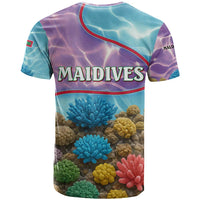 Maldives Coral Reef Ocean Print T Shirt with Underwater Pastel Blue and Purple Design