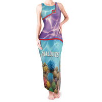 Maldives Coral Reef Ocean Print Tank Maxi Dress with Underwater Pastel Blue and Purple Design