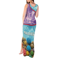 Maldives Coral Reef Ocean Print Tank Maxi Dress with Underwater Pastel Blue and Purple Design