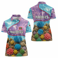 Maldives Coral Reef Ocean Print Women Polo Shirt with Underwater Pastel Blue and Purple Design