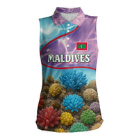 Maldives Coral Reef Ocean Print Women Sleeveless Polo Shirt with Underwater Pastel Blue and Purple Design