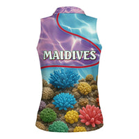 Maldives Coral Reef Ocean Print Women Sleeveless Polo Shirt with Underwater Pastel Blue and Purple Design