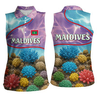 Maldives Coral Reef Ocean Print Women Sleeveless Polo Shirt with Underwater Pastel Blue and Purple Design