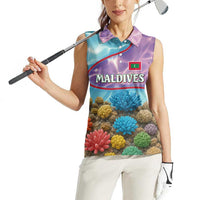 Maldives Coral Reef Ocean Print Women Sleeveless Polo Shirt with Underwater Pastel Blue and Purple Design