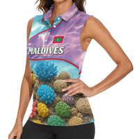 Maldives Coral Reef Ocean Print Women Sleeveless Polo Shirt with Underwater Pastel Blue and Purple Design