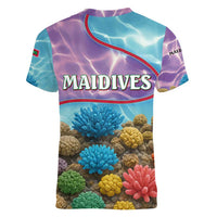 Maldives Coral Reef Ocean Print Women V-Neck T-Shirt with Underwater Pastel Blue and Purple Design