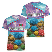 Maldives Coral Reef Ocean Print Women V-Neck T-Shirt with Underwater Pastel Blue and Purple Design