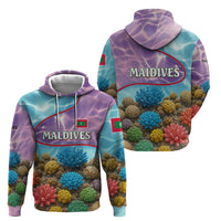 Maldives Coral Reef Ocean Print Zip Hoodie with Underwater Pastel Blue and Purple Design