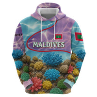 Maldives Coral Reef Ocean Print Zip Hoodie with Underwater Pastel Blue and Purple Design