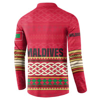 Maldives Tribal Heritage Red Button Sweatshirt with Cultural Geometric Pattern and Island Flag Print