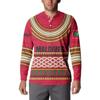 Maldives Tribal Heritage Red Button Sweatshirt with Cultural Geometric Pattern and Island Flag Print