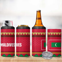 Maldives Tribal Heritage Red 4 in 1 Can Cooler Tumbler with Cultural Geometric Pattern and Island Flag Print