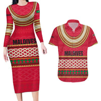 Maldives Tribal Heritage Red Couples Matching Long Sleeve Bodycon Dress and Hawaiian Shirt with Cultural Geometric Pattern and Island Flag Print