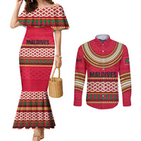 Maldives Tribal Heritage Red Couples Matching Mermaid Dress and Long Sleeve Button Shirt with Cultural Geometric Pattern and Island Flag Print