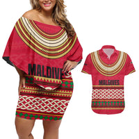 Maldives Tribal Heritage Red Couples Matching Off Shoulder Short Dress and Hawaiian Shirt with Cultural Geometric Pattern and Island Flag Print
