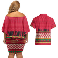 Maldives Tribal Heritage Red Couples Matching Off Shoulder Short Dress and Hawaiian Shirt with Cultural Geometric Pattern and Island Flag Print