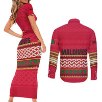 Maldives Tribal Heritage Red Couples Matching Short Sleeve Bodycon Dress and Long Sleeve Button Shirt with Cultural Geometric Pattern and Island Flag Print