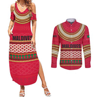 Maldives Tribal Heritage Red Couples Matching Summer Maxi Dress and Long Sleeve Button Shirt with Cultural Geometric Pattern and Island Flag Print
