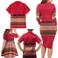 Maldives Tribal Heritage Red Family Matching Long Sleeve Bodycon Dress and Hawaiian Shirt with Cultural Geometric Pattern and Island Flag Print