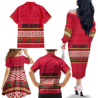 Maldives Tribal Heritage Red Family Matching Off The Shoulder Long Sleeve Dress and Hawaiian Shirt with Cultural Geometric Pattern and Island Flag Print