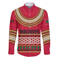 Maldives Tribal Heritage Red Family Matching Off The Shoulder Long Sleeve Dress and Hawaiian Shirt with Cultural Geometric Pattern and Island Flag Print